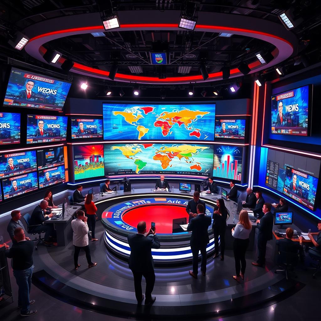 A vibrant news studio with multiple screens displaying various news headlines and graphics