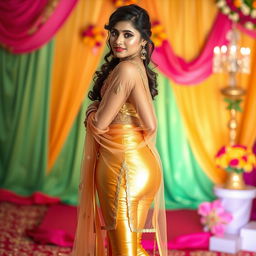 A visually striking portrait of a young Indian woman dressed in tight golden leggings and a transparent kurta, paired with a netted, sexy transparent blouse that adds a touch of elegance