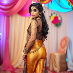 A visually striking portrait of a young Indian woman dressed in tight golden leggings and a transparent kurta, paired with a netted, sexy transparent blouse that adds a touch of elegance