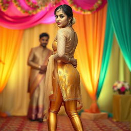 A visually striking portrait of a young Indian woman dressed in tight golden leggings and a transparent kurta, paired with a netted, sexy transparent blouse that adds a touch of elegance