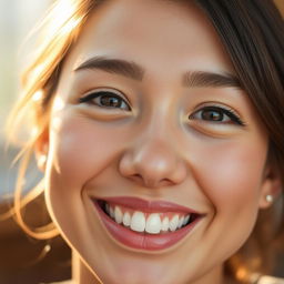 A close-up portrait of a person with a bright, genuine smile, showcasing their warm, inviting personality