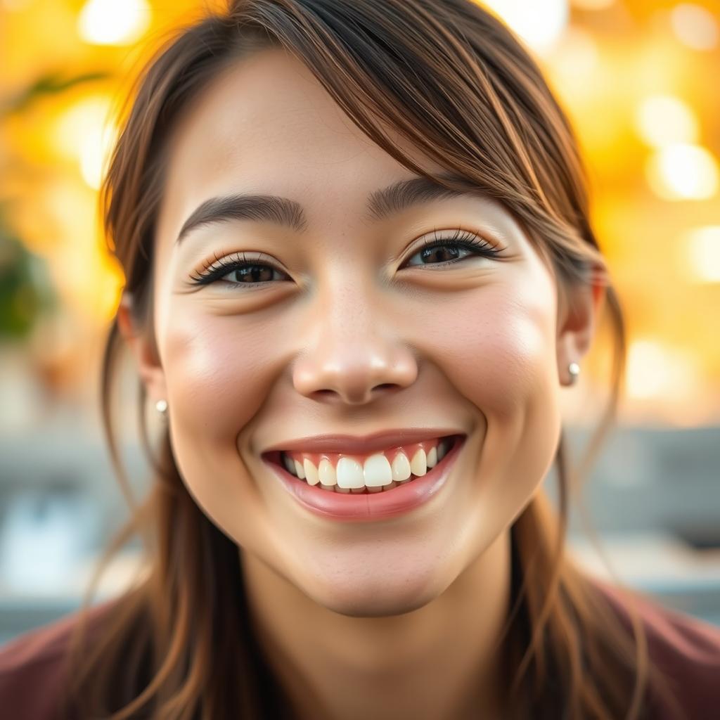 A close-up portrait of a person with a bright, genuine smile, showcasing their warm, inviting personality