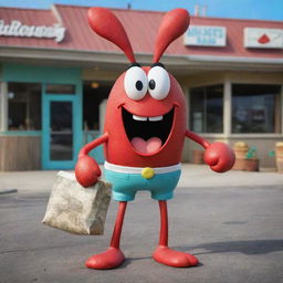 Mr. Krabs from SpongeBob SquarePants, a crafty red crab with a wide grin, holding a bag of money, standing in front of his successful restaurant, The Krusty Krab