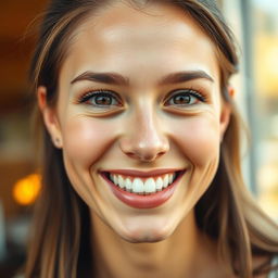 A close-up portrait of a person with a bright, genuine smile, showcasing their warm, inviting personality