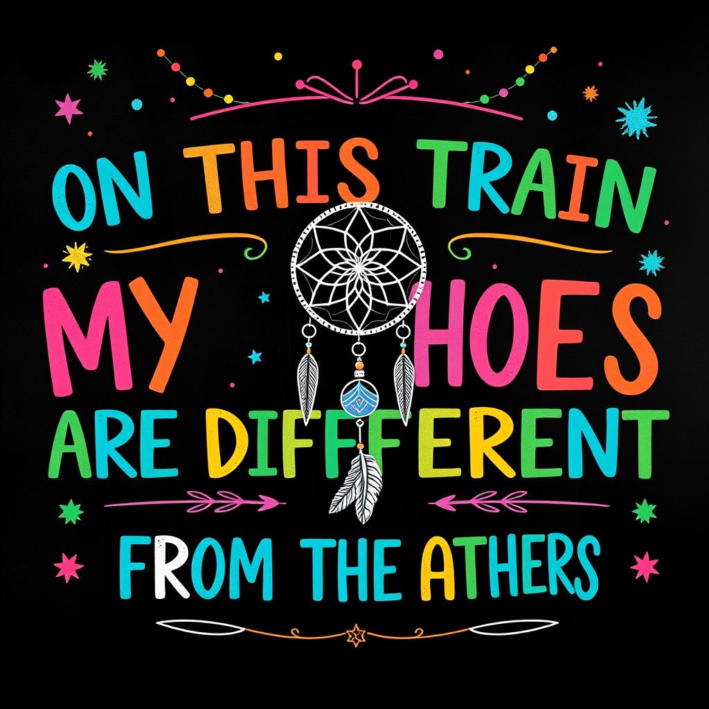 A vibrant and colorful chalkboard illustration featuring the phrase "ON THIS TRAIN MY SHOES ARE DIFFERENT FROM THE OTHERS" prominently displayed in various playful colors