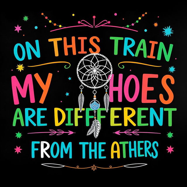 A vibrant and colorful chalkboard illustration featuring the phrase "ON THIS TRAIN MY SHOES ARE DIFFERENT FROM THE OTHERS" prominently displayed in various playful colors