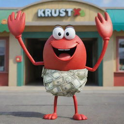 Mr. Krabs from SpongeBob SquarePants, a crafty red crab with a wide grin, holding a bag of money, standing in front of his successful restaurant, The Krusty Krab