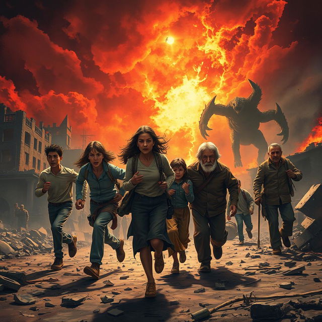 A dramatic scene depicting a diverse group of people running away from an imminent apocalypse