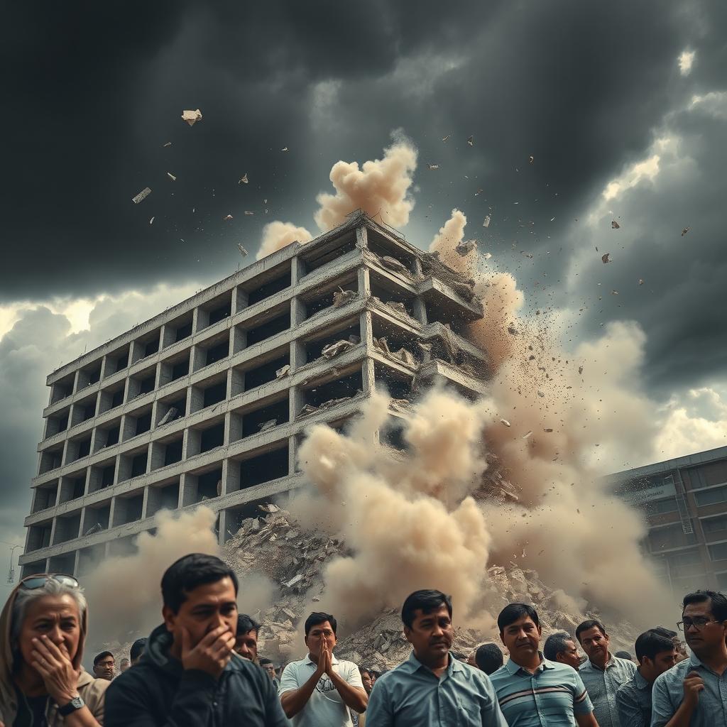 A dramatic scene of a large building collapsing, with debris flying in all directions and dust clouds rising