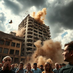 A dramatic scene of a large building collapsing, with debris flying in all directions and dust clouds rising