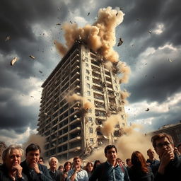 A dramatic scene of a large building collapsing, with debris flying in all directions and dust clouds rising