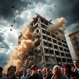 A dramatic scene of a large building collapsing, with debris flying in all directions and dust clouds rising