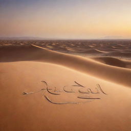 Artistic, stylized text that spells 'Jalal Yazdani' in beautiful, arabic-inspired calligraphy over a serene desert landscape at sunset.