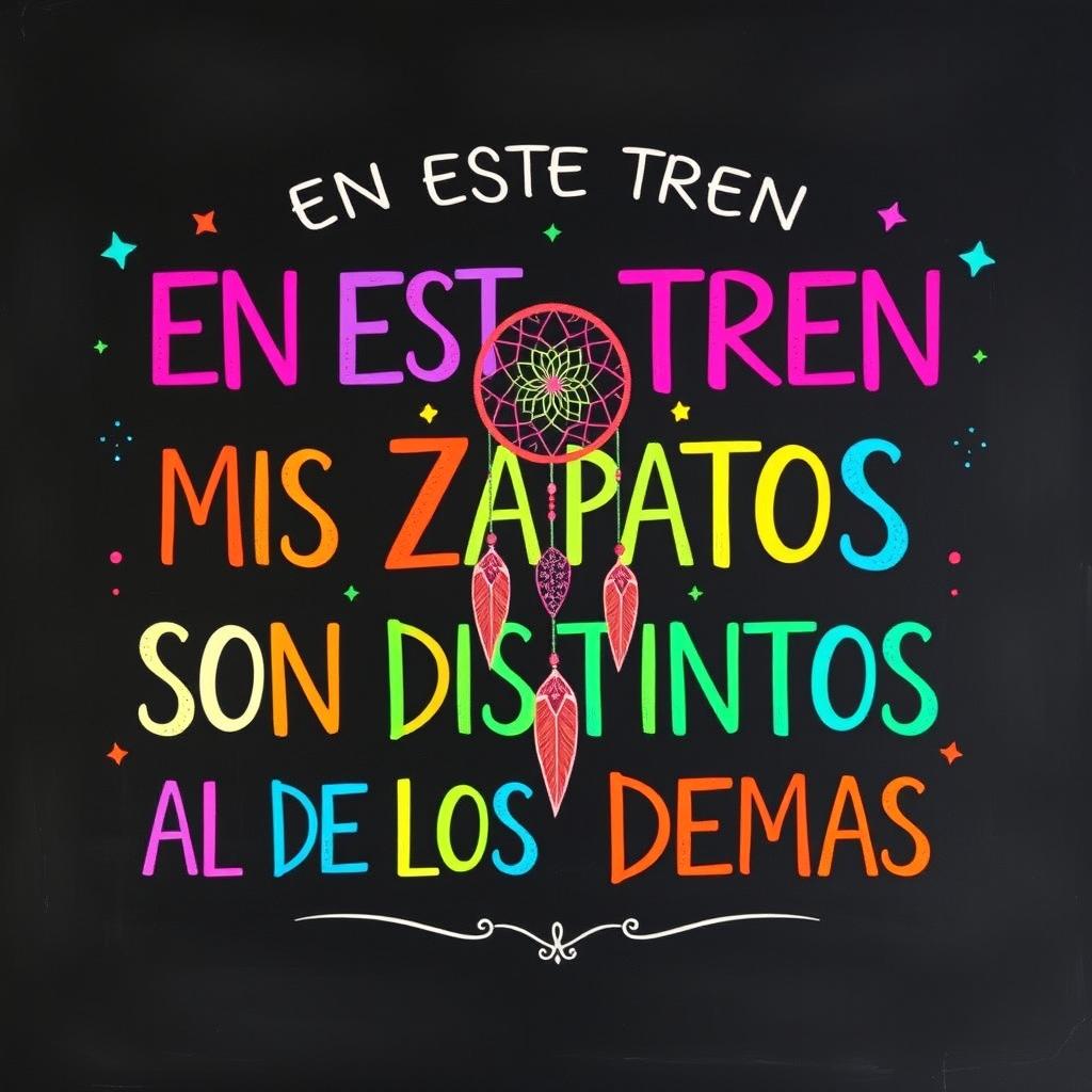 A vibrant and colorful chalkboard illustration featuring the phrase “EN ESTE TREN MIS ZAPATOS SON DISTINTOS AL DE LOS DEMAS” prominently displayed in various bright colors