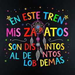 A vibrant and colorful chalkboard illustration featuring the phrase “EN ESTE TREN MIS ZAPATOS SON DISTINTOS AL DE LOS DEMAS” prominently displayed in various bright colors