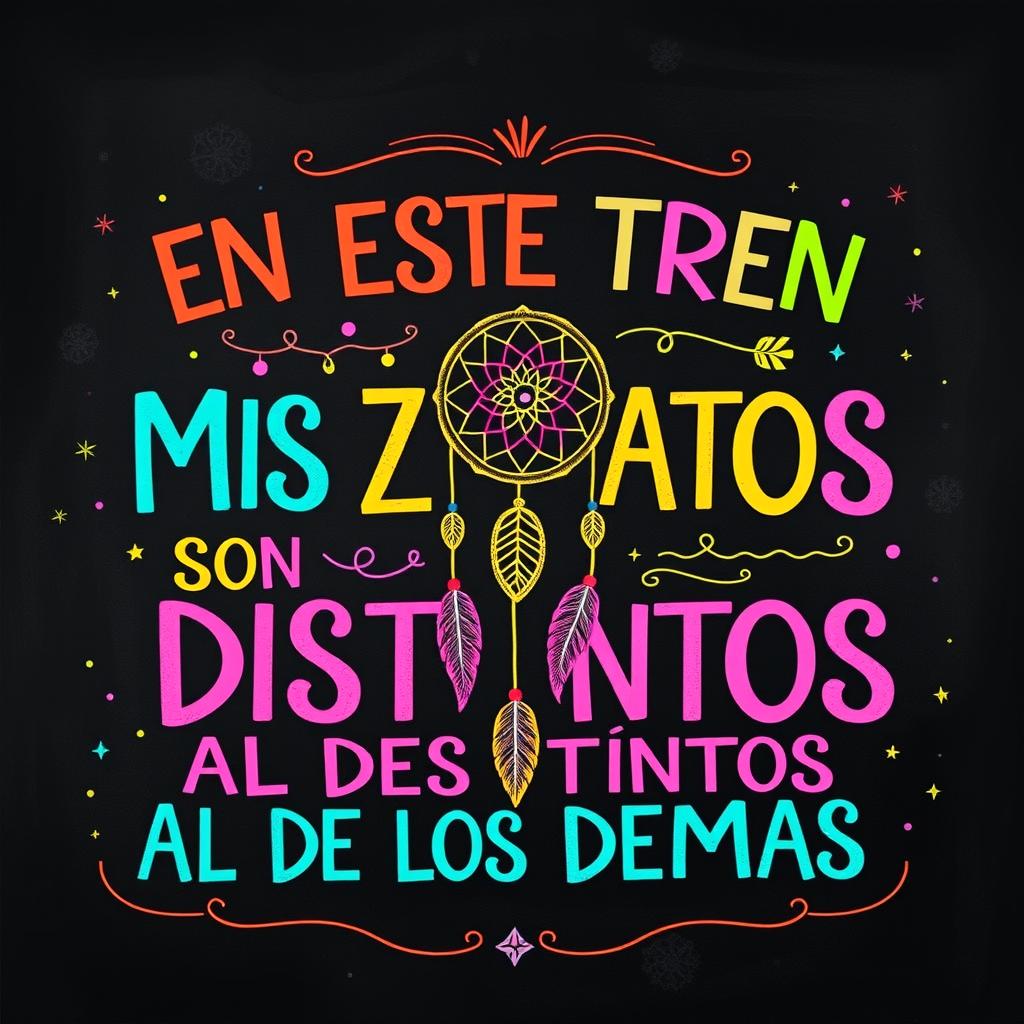 A vibrant and colorful chalkboard illustration featuring the phrase “EN ESTE TREN MIS ZAPATOS SON DISTINTOS AL DE LOS DEMAS” prominently displayed in various bright colors