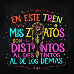 A vibrant and colorful chalkboard illustration featuring the phrase “EN ESTE TREN MIS ZAPATOS SON DISTINTOS AL DE LOS DEMAS” prominently displayed in various bright colors