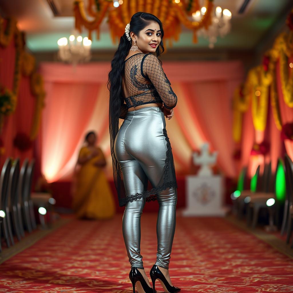 A captivating full-body portrait of a young Indian woman dressed in super tight silver leggings paired with a transparent kurta and a sexy black netted blouse