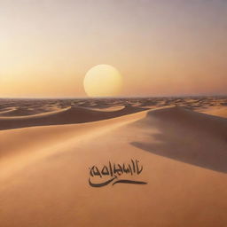 Artistic, stylized text that spells 'Jalal Yazdani' in beautiful, arabic-inspired calligraphy over a serene desert landscape at sunset.