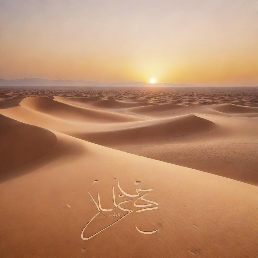 Artistic, stylized text that spells 'Jalal Yazdani' in beautiful, arabic-inspired calligraphy over a serene desert landscape at sunset.