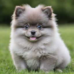 A blue Pomeranian puppy with fluffy fur, vibrant eyes, and a playful demeanor sitting on a green grassy meadow