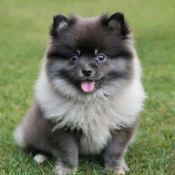 A blue Pomeranian puppy with fluffy fur, vibrant eyes, and a playful demeanor sitting on a green grassy meadow