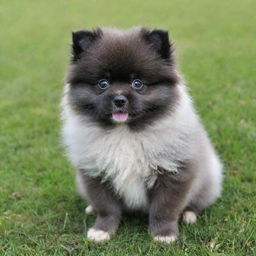 A blue Pomeranian puppy with fluffy fur, vibrant eyes, and a playful demeanor sitting on a green grassy meadow