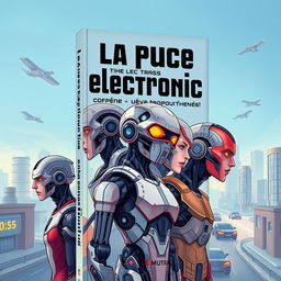 A book cover design featuring the title 'La puce électronique une peux trop puissante!' prominently displayed