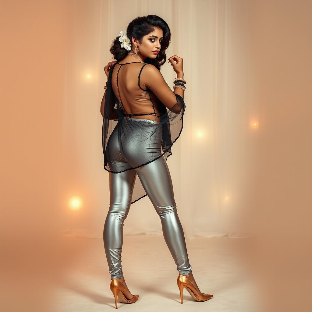 An Indian teenage girl exuding confidence in her outfit, wearing super tight silver satin leggings paired with a transparent kurta