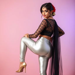 An Indian teenage girl exuding confidence in her outfit, wearing super tight silver satin leggings paired with a transparent kurta