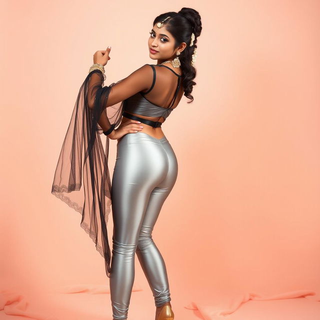 An Indian teenage girl exuding confidence in her outfit, wearing super tight silver satin leggings paired with a transparent kurta