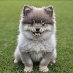 A blue Pomeranian puppy with fluffy fur, vibrant eyes, and a playful demeanor sitting on a green grassy meadow