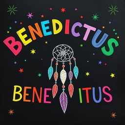 A vibrant and colorful chalkboard illustration showcasing the word “BENEDICTUS” prominently displayed in a variety of bright colors