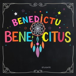 A vibrant and colorful chalkboard illustration showcasing the word “BENEDICTUS” prominently displayed in a variety of bright colors