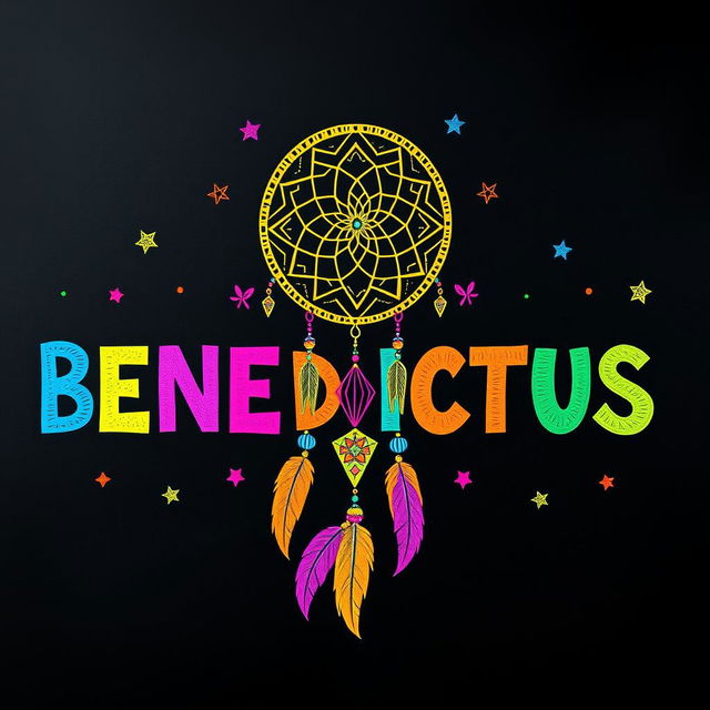 A vibrant and colorful chalkboard illustration showcasing the word “BENEDICTUS” prominently displayed in a variety of bright colors