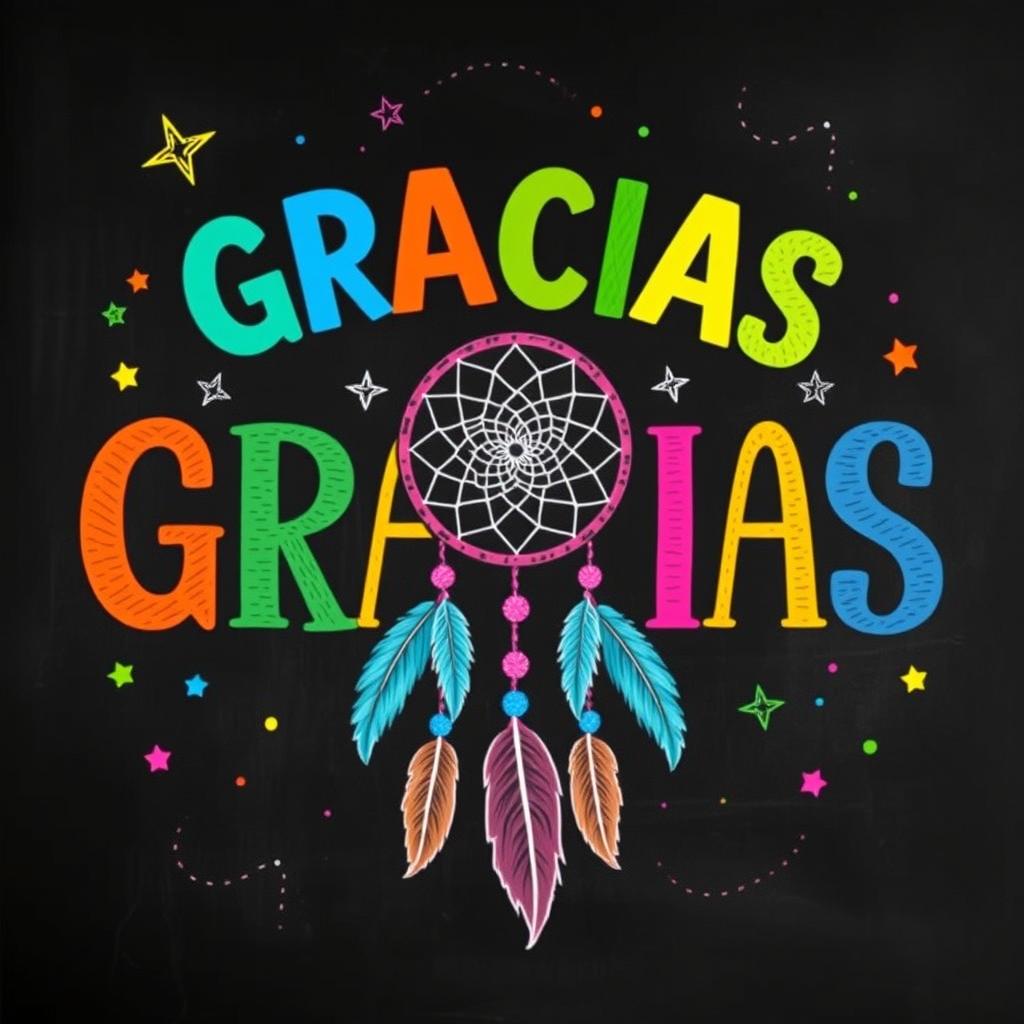 A vibrant and colorful chalkboard illustration featuring the word “GRACIAS” prominently displayed in a variety of bright colors