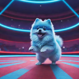 A digital artwork featuring a blue Pomeranian puppy performing tricks in a futuristic, neon-lit circus arena