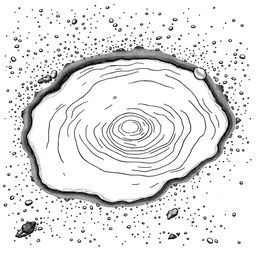 A detailed hand-drawn illustration in black and white, featuring a fine line rendering of a puddle of water