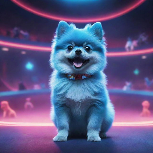 A digital artwork featuring a blue Pomeranian puppy performing tricks in a futuristic, neon-lit circus arena