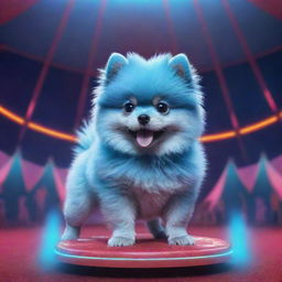 A digital artwork featuring a blue Pomeranian puppy performing tricks in a futuristic, neon-lit circus arena