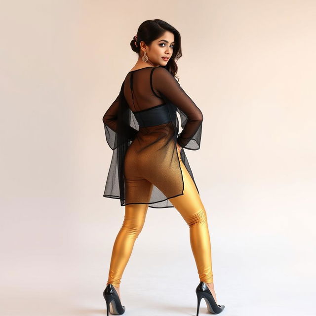 An Indian teenage girl confidently showcasing her fashion sense in super tight golden satin leggings paired with a transparent kurta