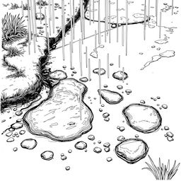 A detailed hand-drawn illustration in black and white, featuring a fine line rendering of a wet rain-soaked ground