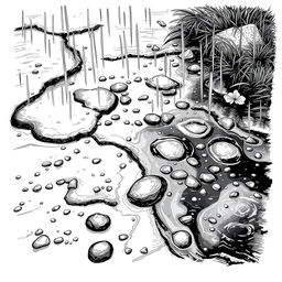 A detailed hand-drawn illustration in black and white, featuring a fine line rendering of a wet rain-soaked ground