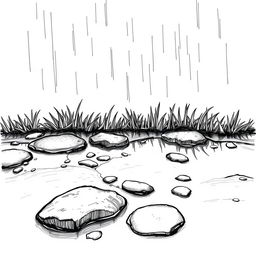 A detailed hand-drawn illustration in black and white, featuring a fine line rendering of a wet rain-soaked ground