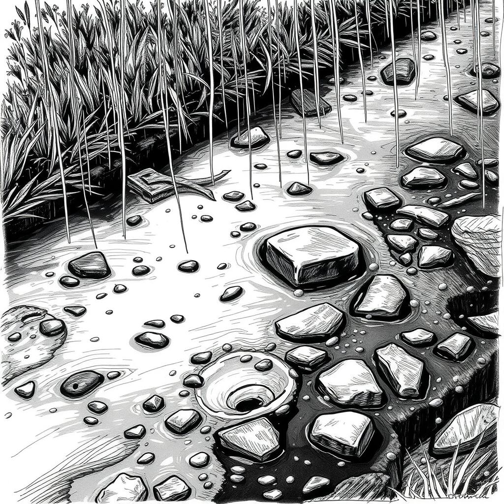 A detailed hand-drawn illustration in black and white, featuring a fine line rendering of a wet rain-soaked ground