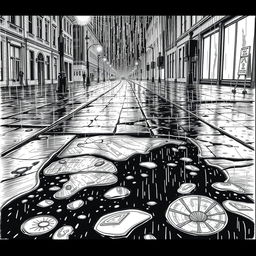 A detailed hand-drawn illustration in black and white, featuring a fine line rendering of a rain-soaked street