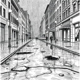 A detailed hand-drawn illustration in black and white, featuring a fine line rendering of a rain-soaked street