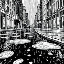 A detailed hand-drawn illustration in black and white, featuring a fine line rendering of a rain-soaked street