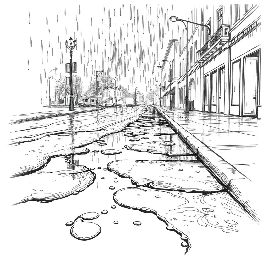 A detailed hand-drawn illustration in black and white, featuring a fine line rendering of a rain-soaked street