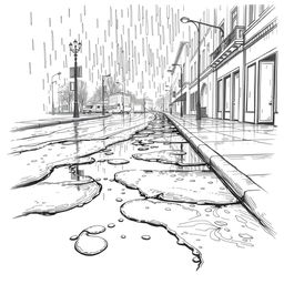 A detailed hand-drawn illustration in black and white, featuring a fine line rendering of a rain-soaked street